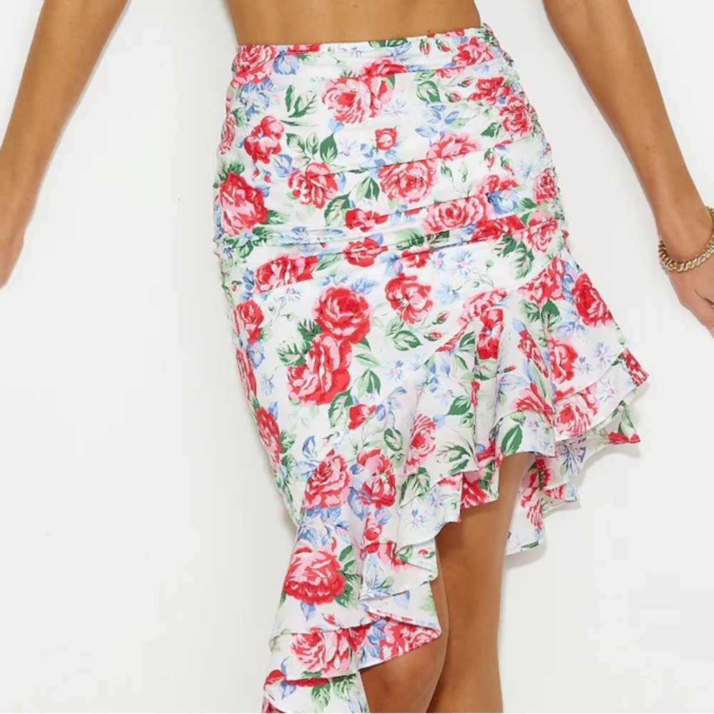 HELLO MOLLY Floral Ruffle Skirt - PINK WHITE FLORAL